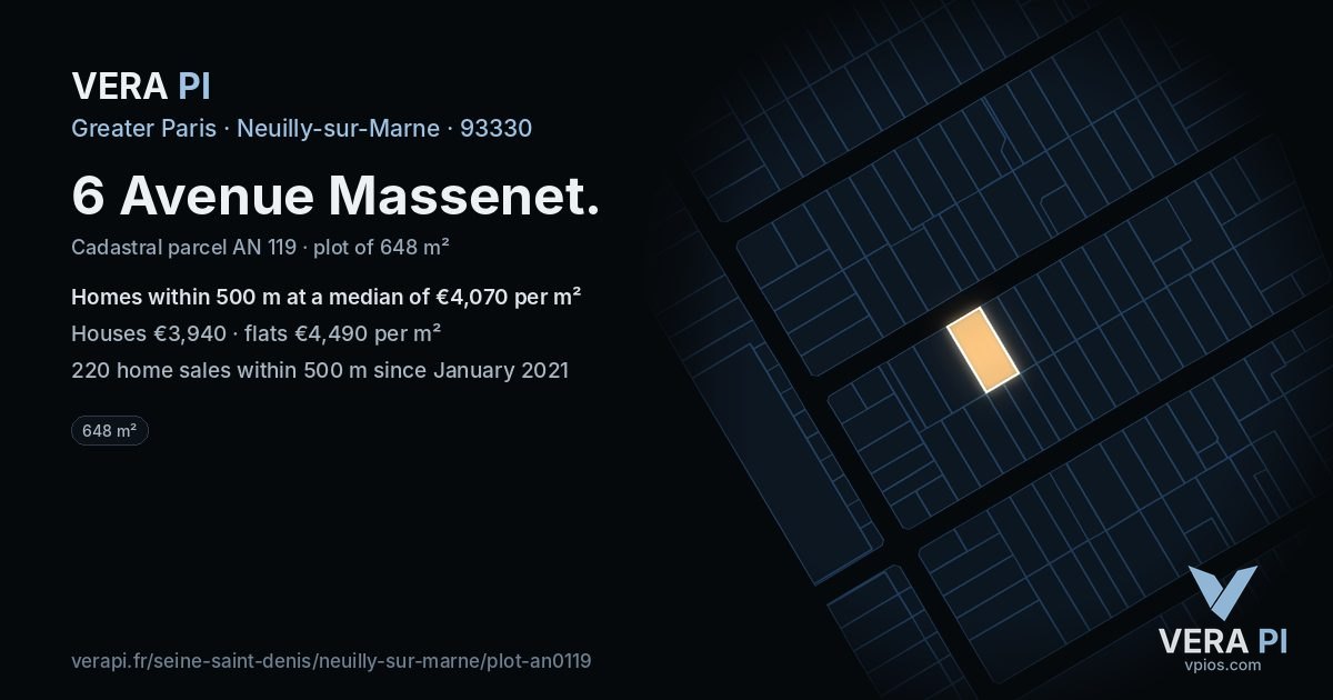 6 Avenue Massenet, Neuilly-sur-Marne at night – the plot lit, the parcels around coloured by the prices near them