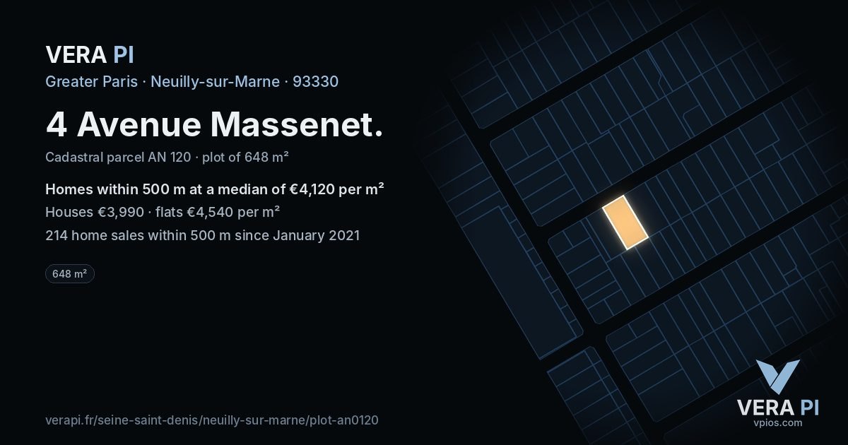 4 Avenue Massenet, Neuilly-sur-Marne at night – the plot lit, the parcels around coloured by the prices near them