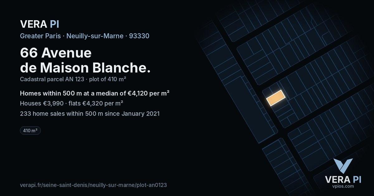 66 Avenue de Maison Blanche, Neuilly-sur-Marne at night – the plot lit, the parcels around coloured by the prices near them