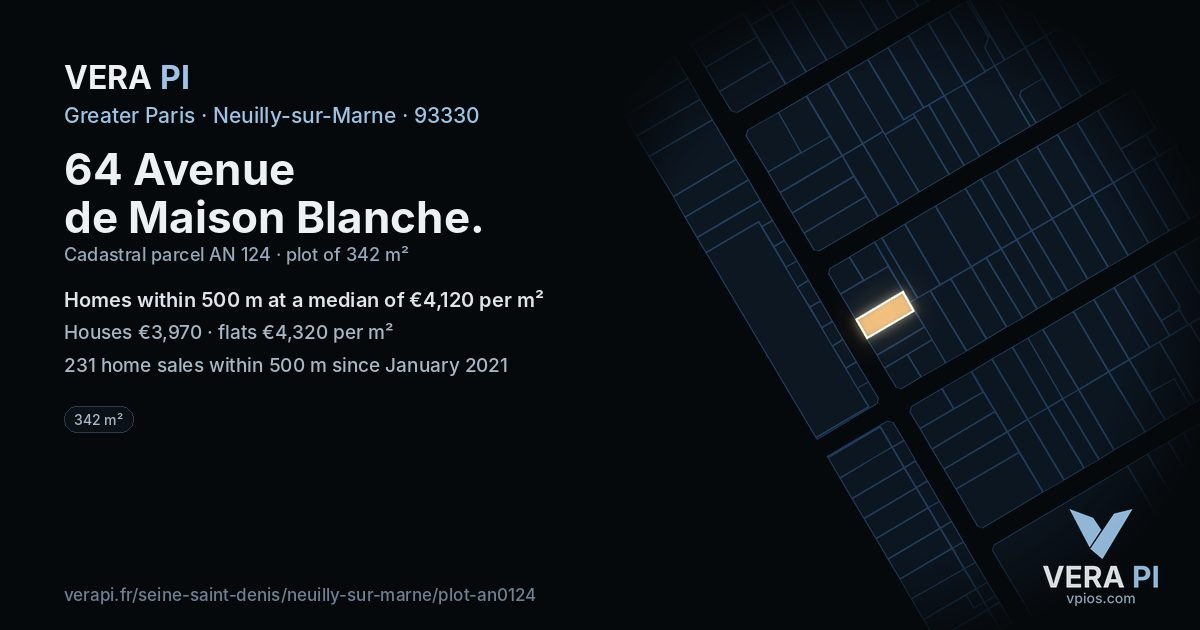 64 Avenue de Maison Blanche, Neuilly-sur-Marne at night – the plot lit, the parcels around coloured by the prices near them