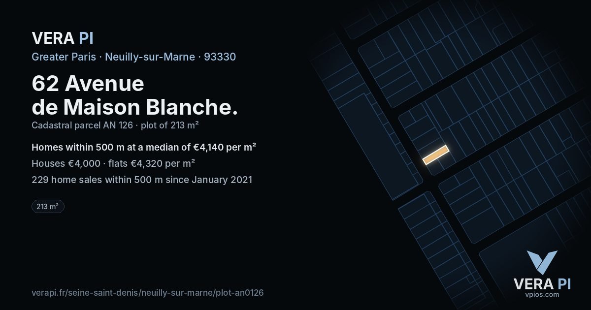 62 Avenue de Maison Blanche, Neuilly-sur-Marne at night – the plot lit, the parcels around coloured by the prices near them