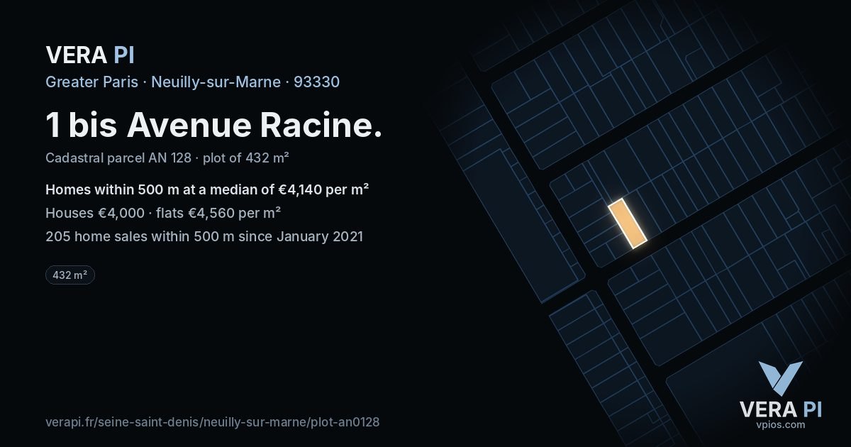 1 bis Avenue Racine, Neuilly-sur-Marne at night – the plot lit, the parcels around coloured by the prices near them