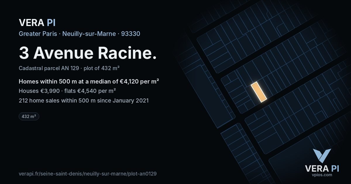 3 Avenue Racine, Neuilly-sur-Marne at night – the plot lit, the parcels around coloured by the prices near them