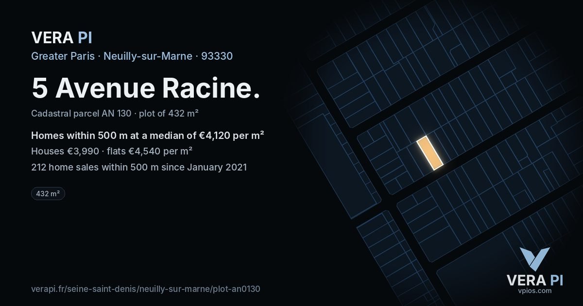 5 Avenue Racine, Neuilly-sur-Marne at night – the plot lit, the parcels around coloured by the prices near them