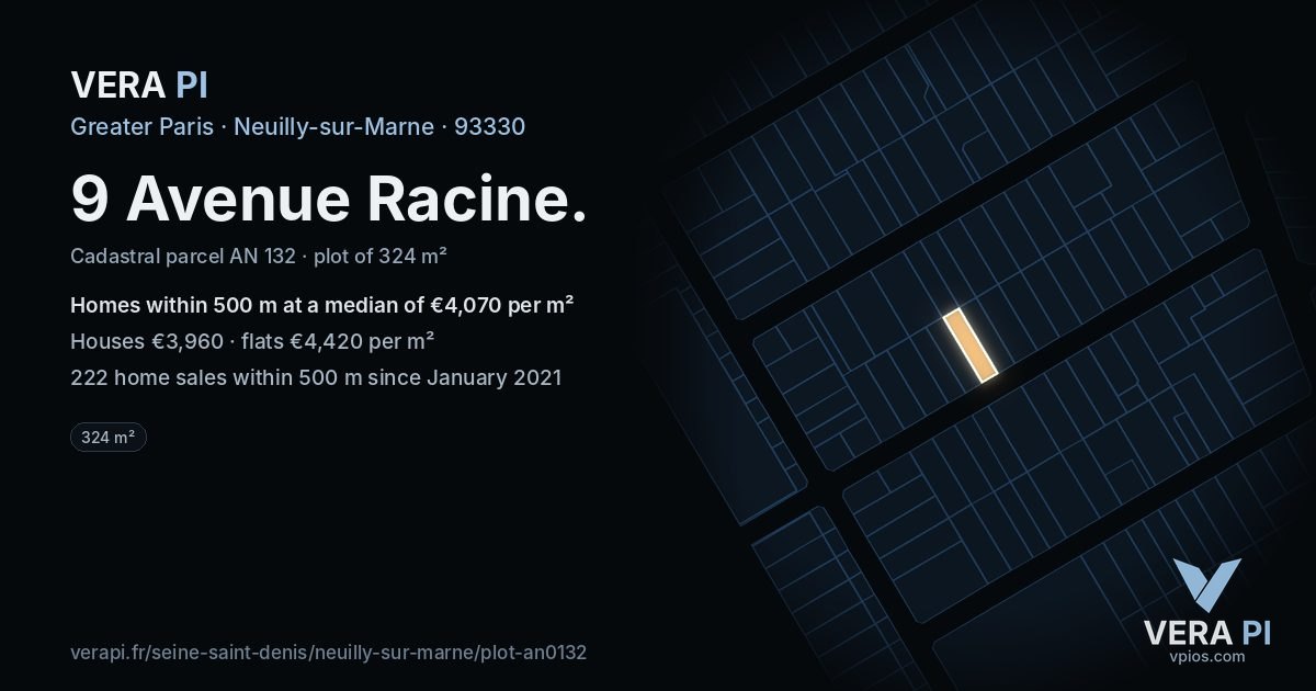 9 Avenue Racine, Neuilly-sur-Marne at night – the plot lit, the parcels around coloured by the prices near them