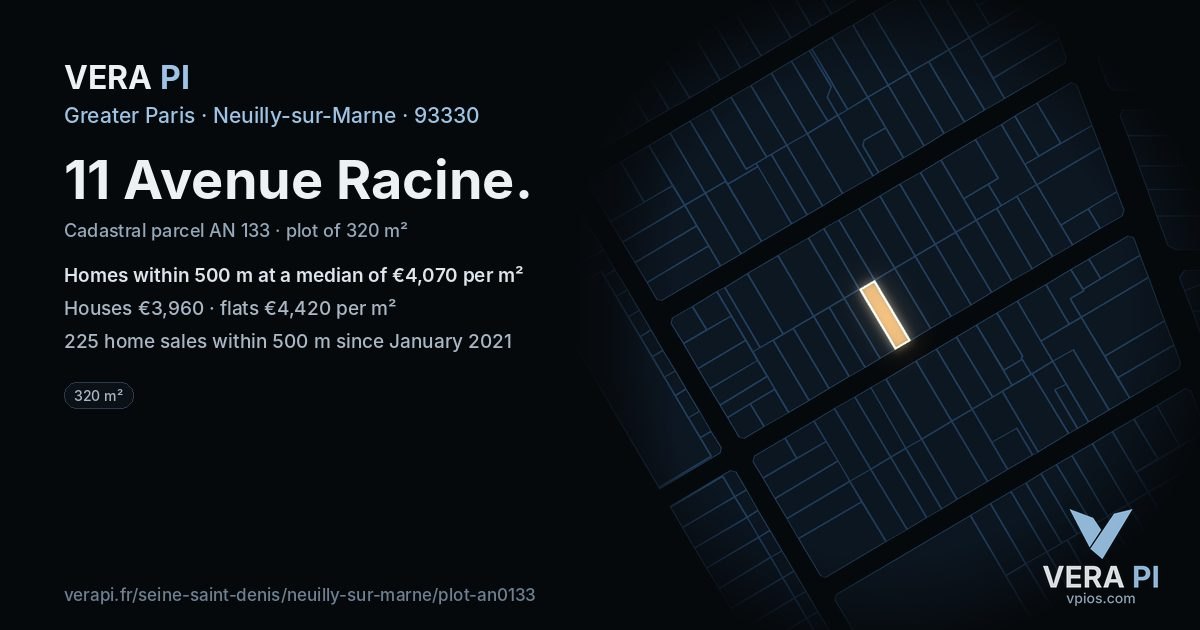 11 Avenue Racine, Neuilly-sur-Marne at night – the plot lit, the parcels around coloured by the prices near them