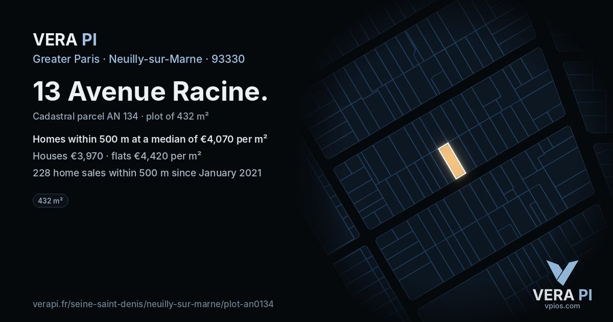 13 Avenue Racine, Neuilly-sur-Marne at night – the plot lit, the parcels around coloured by the prices near them
