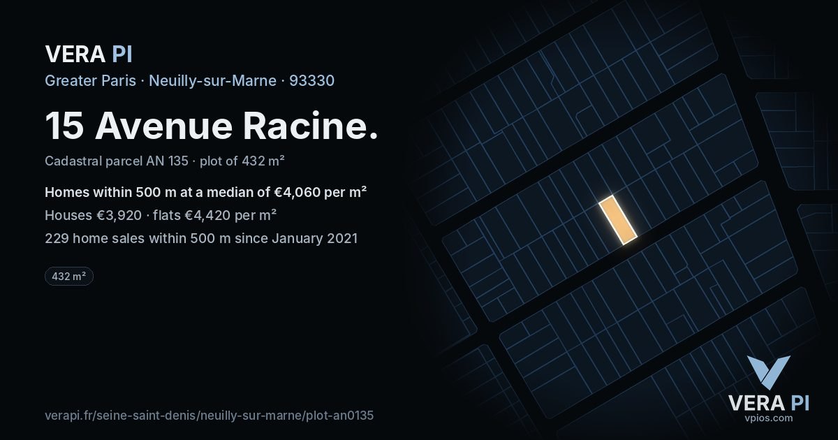 15 Avenue Racine, Neuilly-sur-Marne at night – the plot lit, the parcels around coloured by the prices near them