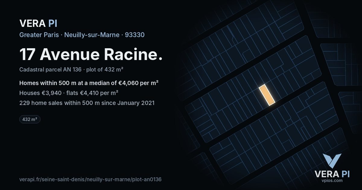 17 Avenue Racine, Neuilly-sur-Marne at night – the plot lit, the parcels around coloured by the prices near them