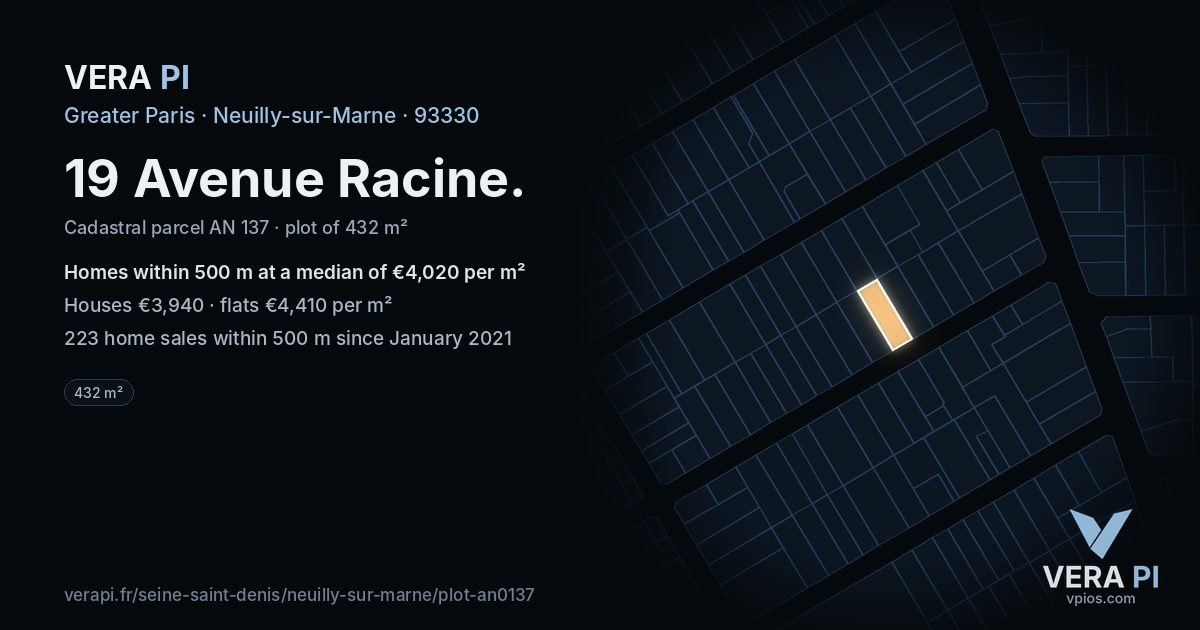 19 Avenue Racine, Neuilly-sur-Marne at night – the plot lit, the parcels around coloured by the prices near them