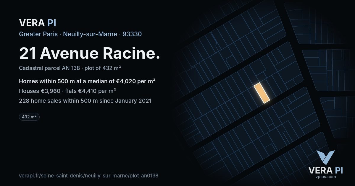 21 Avenue Racine, Neuilly-sur-Marne at night – the plot lit, the parcels around coloured by the prices near them