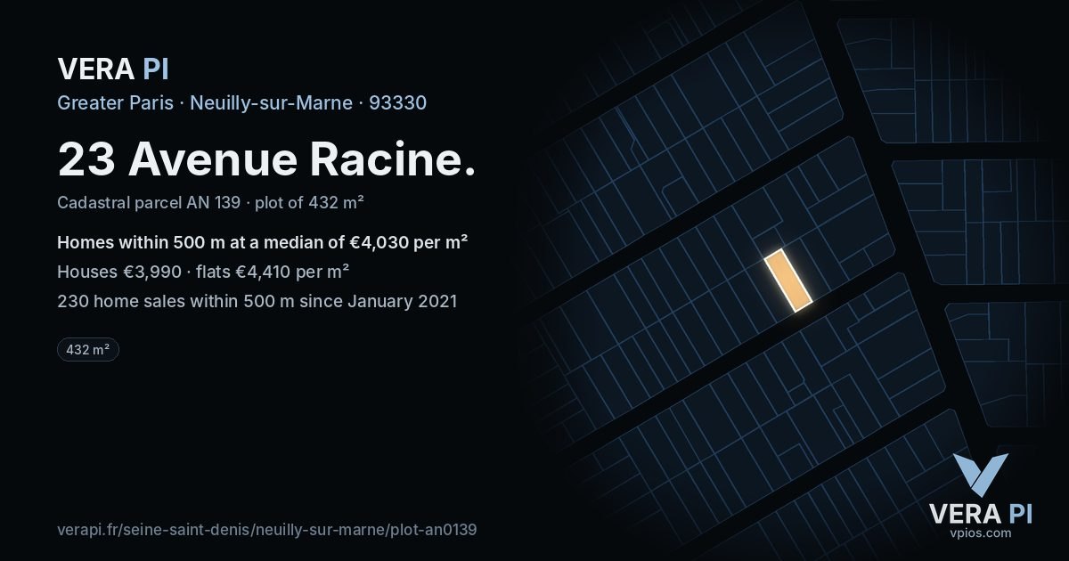 23 Avenue Racine, Neuilly-sur-Marne at night – the plot lit, the parcels around coloured by the prices near them