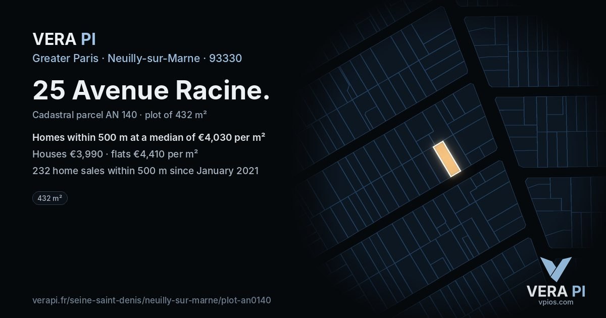25 Avenue Racine, Neuilly-sur-Marne at night – the plot lit, the parcels around coloured by the prices near them