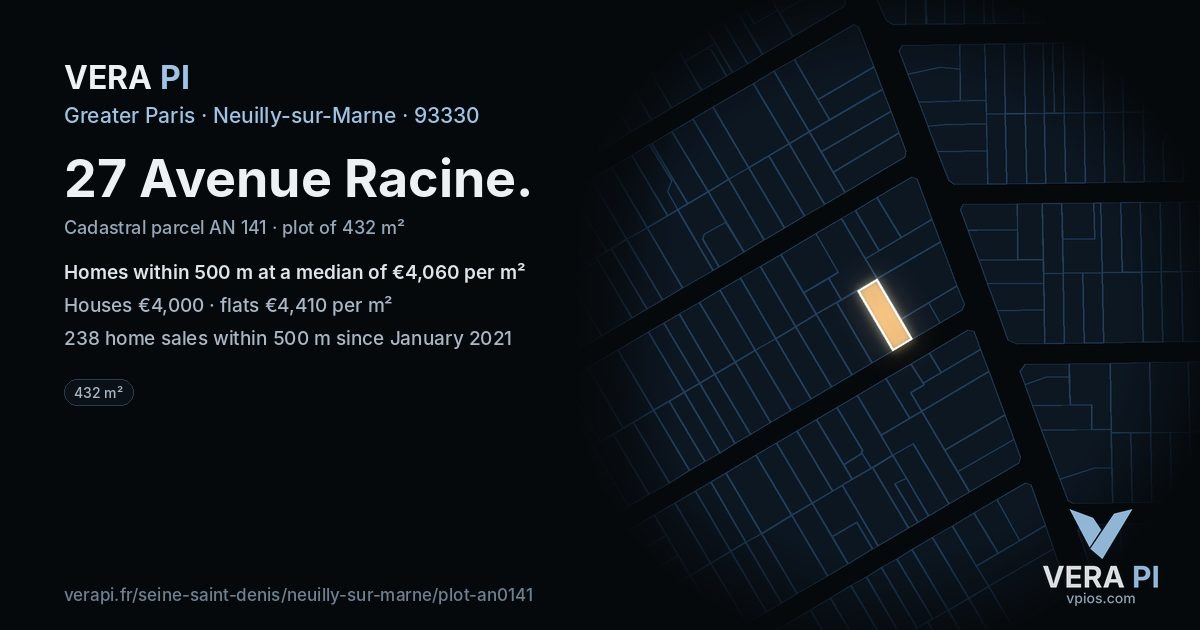 27 Avenue Racine, Neuilly-sur-Marne at night – the plot lit, the parcels around coloured by the prices near them