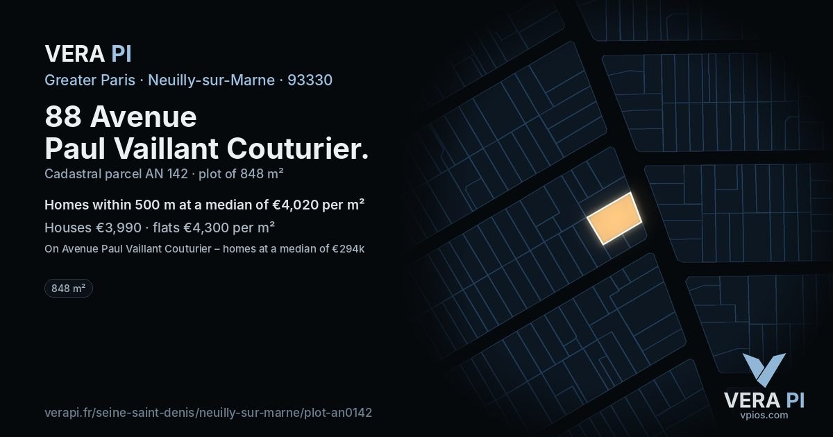88 Avenue Paul Vaillant Couturier, Neuilly-sur-Marne at night – the plot lit, the parcels around coloured by the prices near them