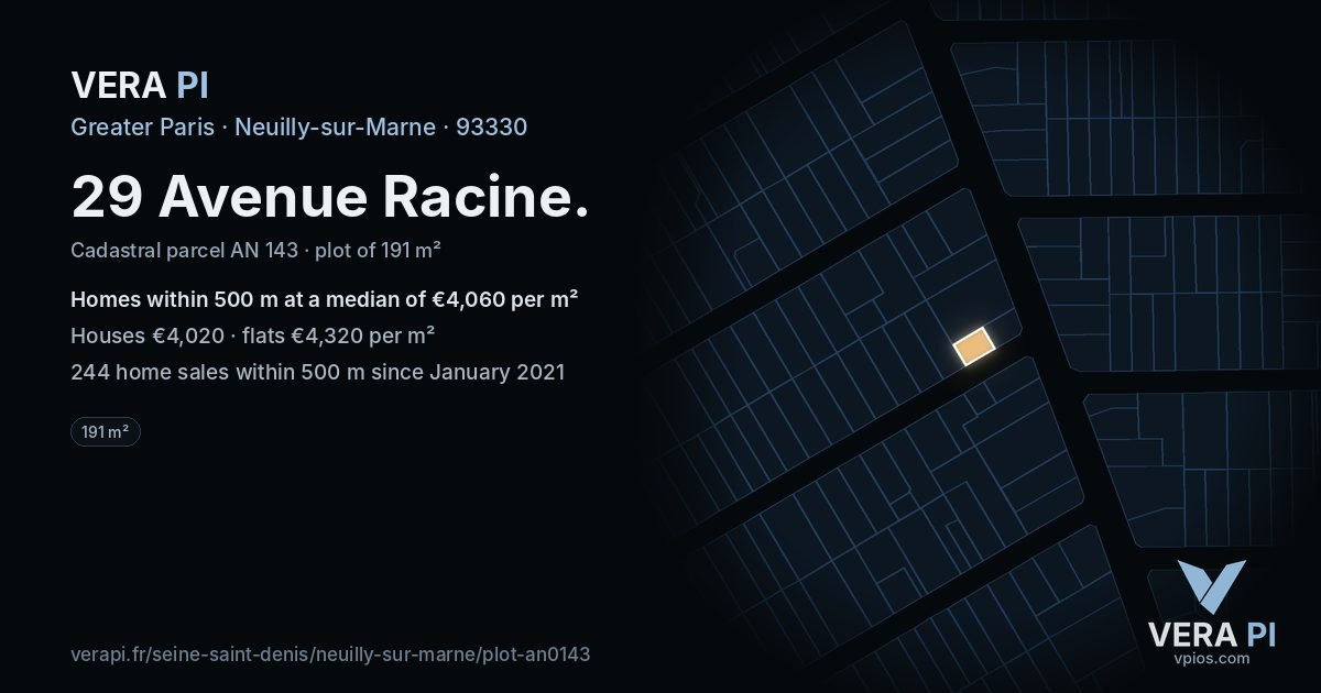 29 Avenue Racine, Neuilly-sur-Marne at night – the plot lit, the parcels around coloured by the prices near them