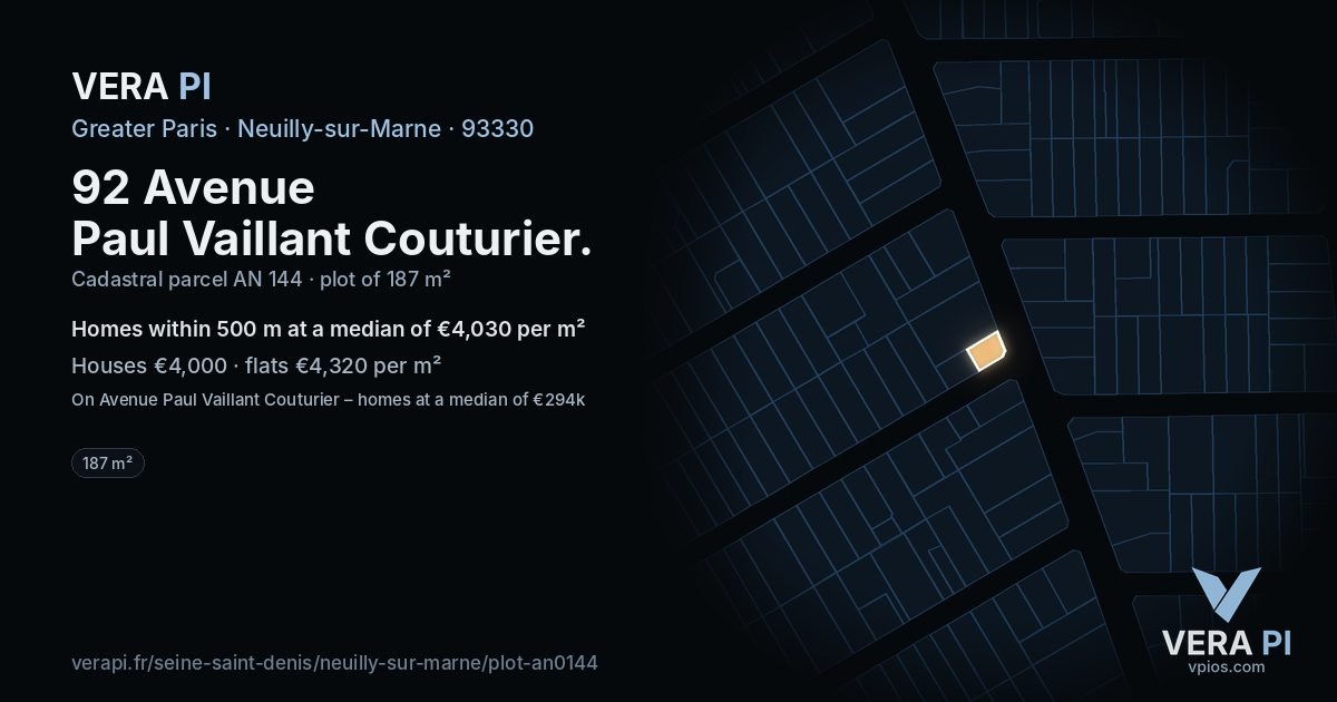 92 Avenue Paul Vaillant Couturier, Neuilly-sur-Marne at night – the plot lit, the parcels around coloured by the prices near them