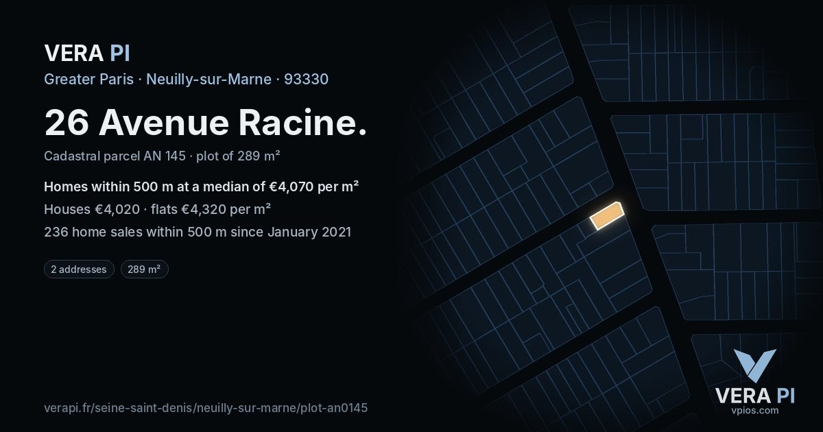 26 Avenue Racine, Neuilly-sur-Marne at night – the plot lit, the parcels around coloured by the prices near them