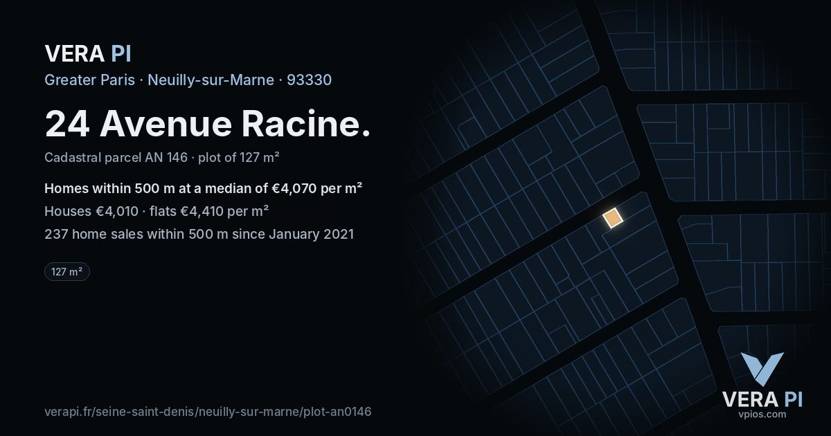 24 Avenue Racine, Neuilly-sur-Marne at night – the plot lit, the parcels around coloured by the prices near them