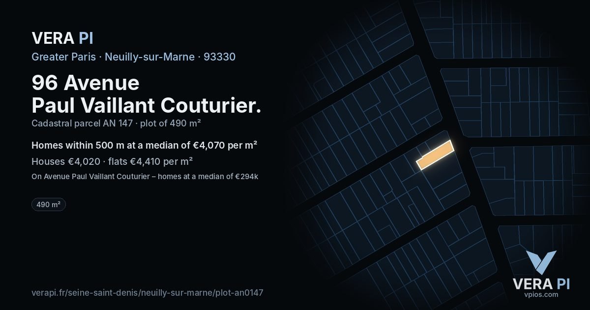 96 Avenue Paul Vaillant Couturier, Neuilly-sur-Marne at night – the plot lit, the parcels around coloured by the prices near them