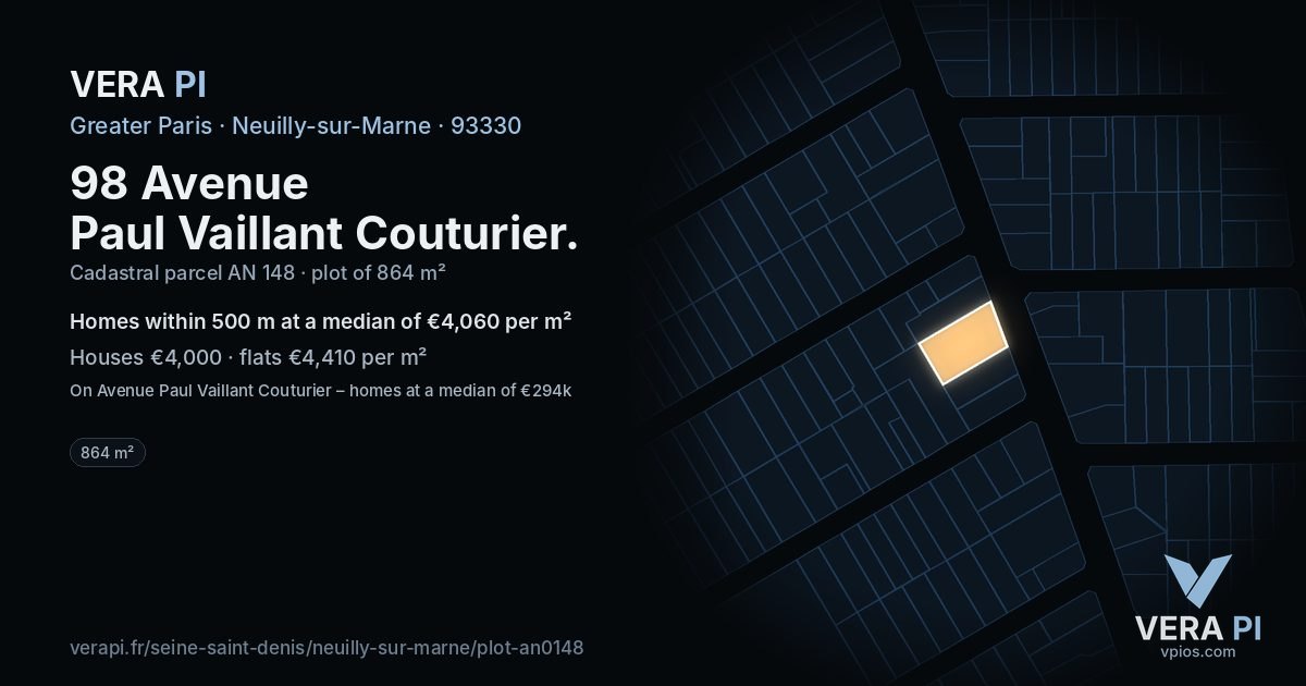 98 Avenue Paul Vaillant Couturier, Neuilly-sur-Marne at night – the plot lit, the parcels around coloured by the prices near them