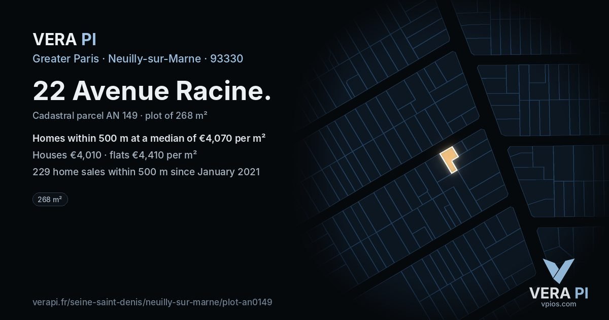 22 Avenue Racine, Neuilly-sur-Marne at night – the plot lit, the parcels around coloured by the prices near them