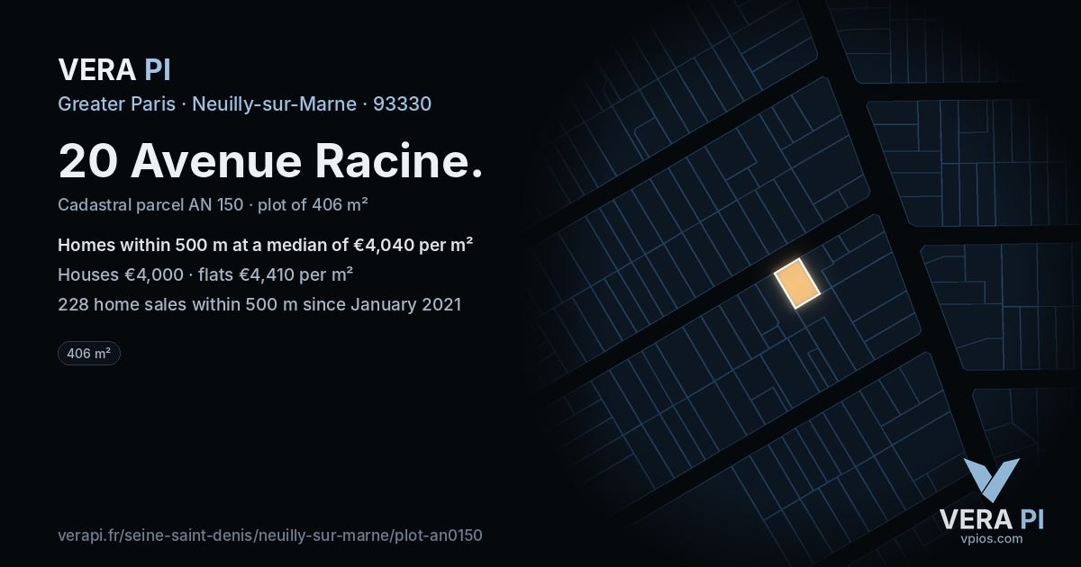 20 Avenue Racine, Neuilly-sur-Marne at night – the plot lit, the parcels around coloured by the prices near them
