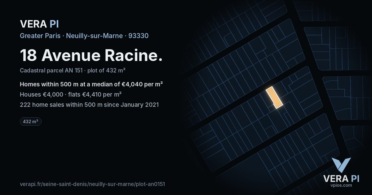 18 Avenue Racine, Neuilly-sur-Marne at night – the plot lit, the parcels around coloured by the prices near them
