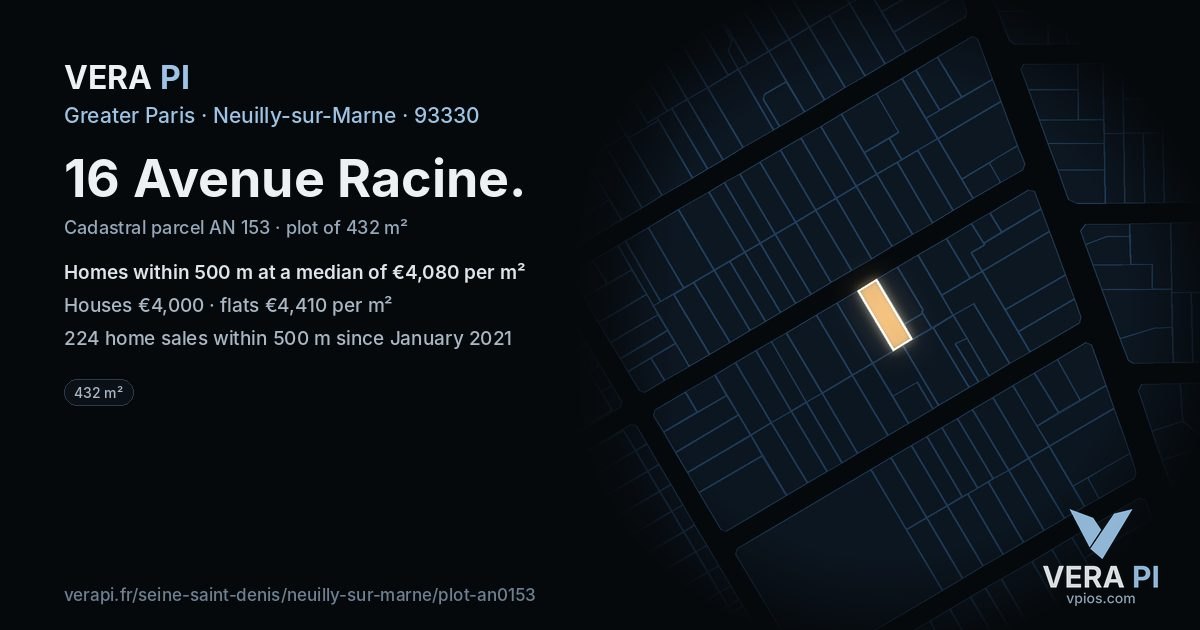 16 Avenue Racine, Neuilly-sur-Marne at night – the plot lit, the parcels around coloured by the prices near them