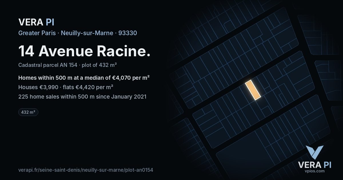 14 Avenue Racine, Neuilly-sur-Marne at night – the plot lit, the parcels around coloured by the prices near them