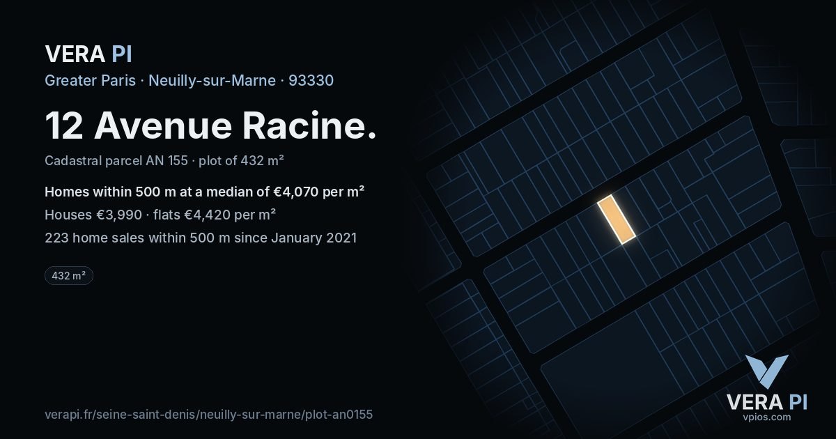 12 Avenue Racine, Neuilly-sur-Marne at night – the plot lit, the parcels around coloured by the prices near them