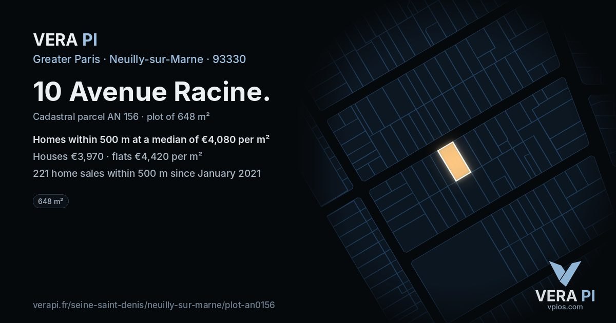 10 Avenue Racine, Neuilly-sur-Marne at night – the plot lit, the parcels around coloured by the prices near them