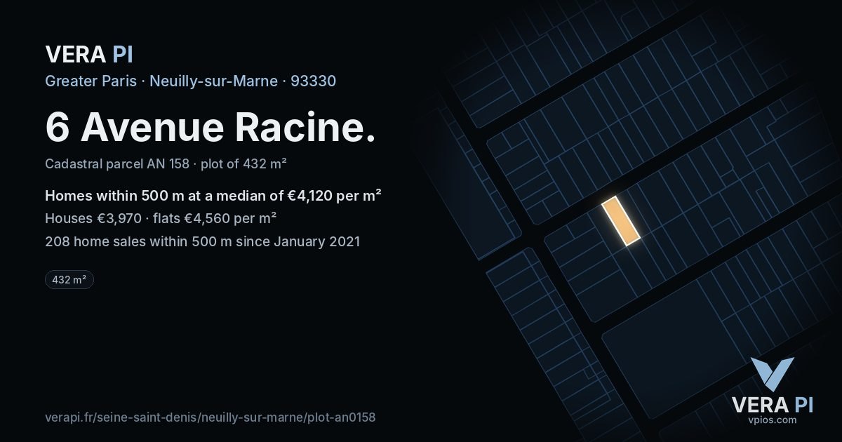 6 Avenue Racine, Neuilly-sur-Marne at night – the plot lit, the parcels around coloured by the prices near them