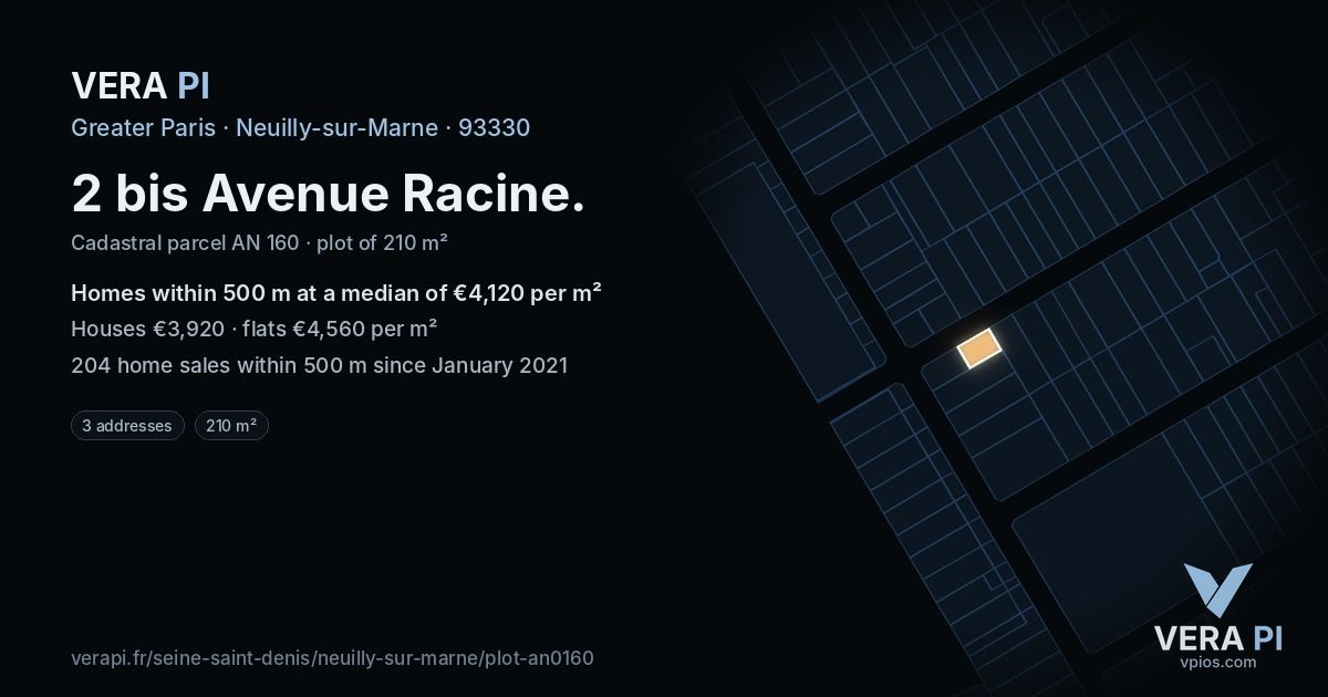 2 bis Avenue Racine, Neuilly-sur-Marne at night – the plot lit, the parcels around coloured by the prices near them
