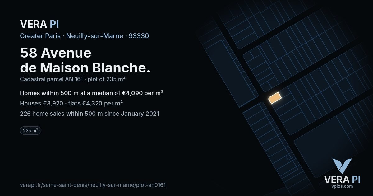 58 Avenue de Maison Blanche, Neuilly-sur-Marne at night – the plot lit, the parcels around coloured by the prices near them