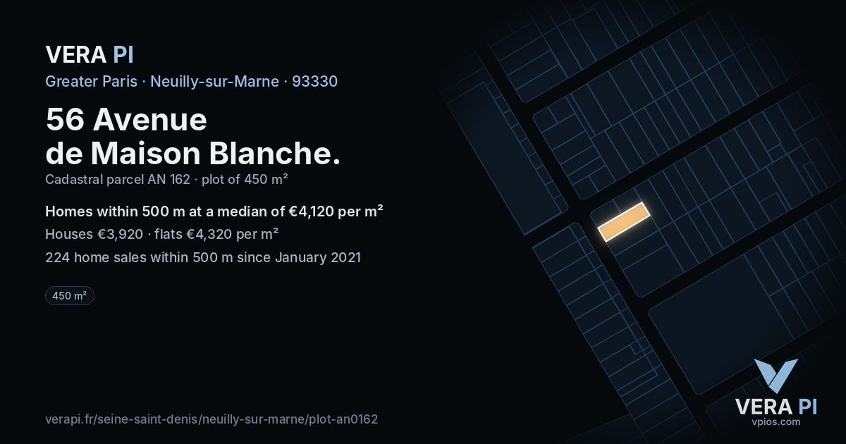 56 Avenue de Maison Blanche, Neuilly-sur-Marne at night – the plot lit, the parcels around coloured by the prices near them