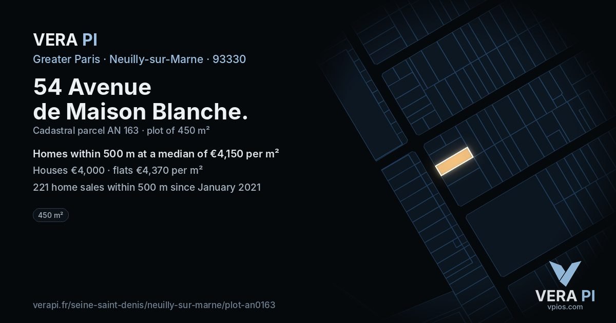 54 Avenue de Maison Blanche, Neuilly-sur-Marne at night – the plot lit, the parcels around coloured by the prices near them
