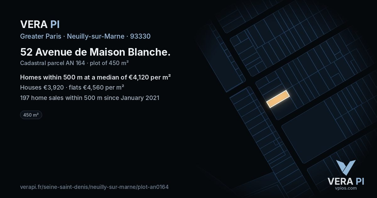 52 Avenue de Maison Blanche, Neuilly-sur-Marne at night – the plot lit, the parcels around coloured by the prices near them