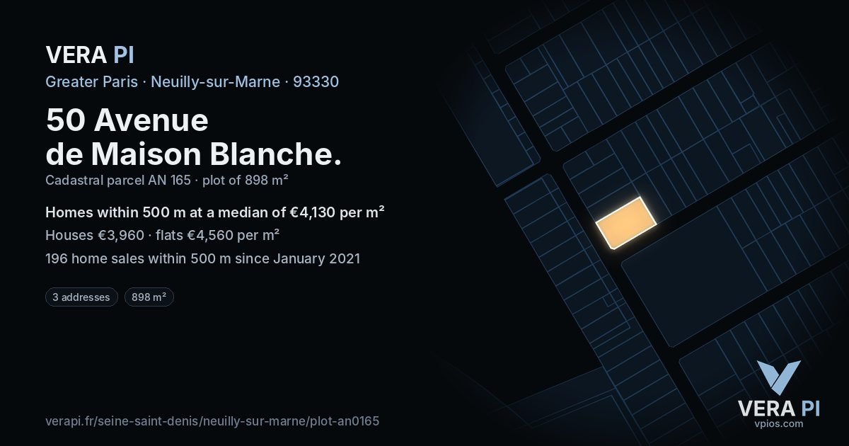 50 Avenue de Maison Blanche, Neuilly-sur-Marne at night – the plot lit, the parcels around coloured by the prices near them