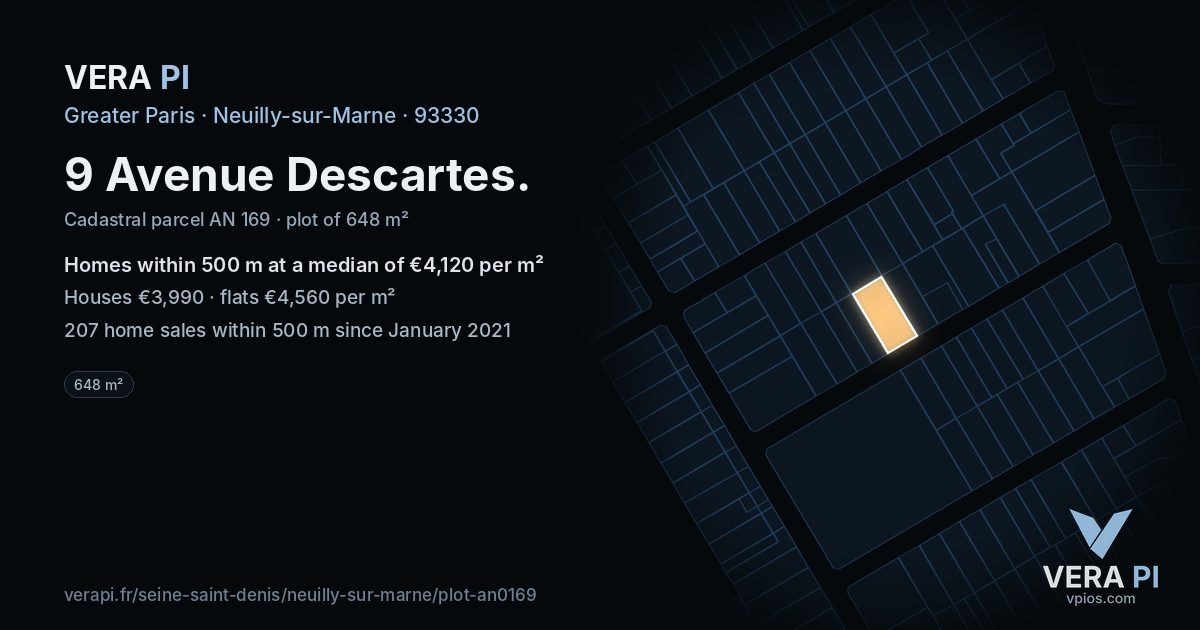 9 Avenue Descartes, Neuilly-sur-Marne at night – the plot lit, the parcels around coloured by the prices near them