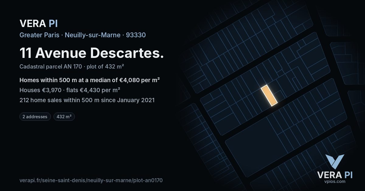 11 Avenue Descartes, Neuilly-sur-Marne at night – the plot lit, the parcels around coloured by the prices near them