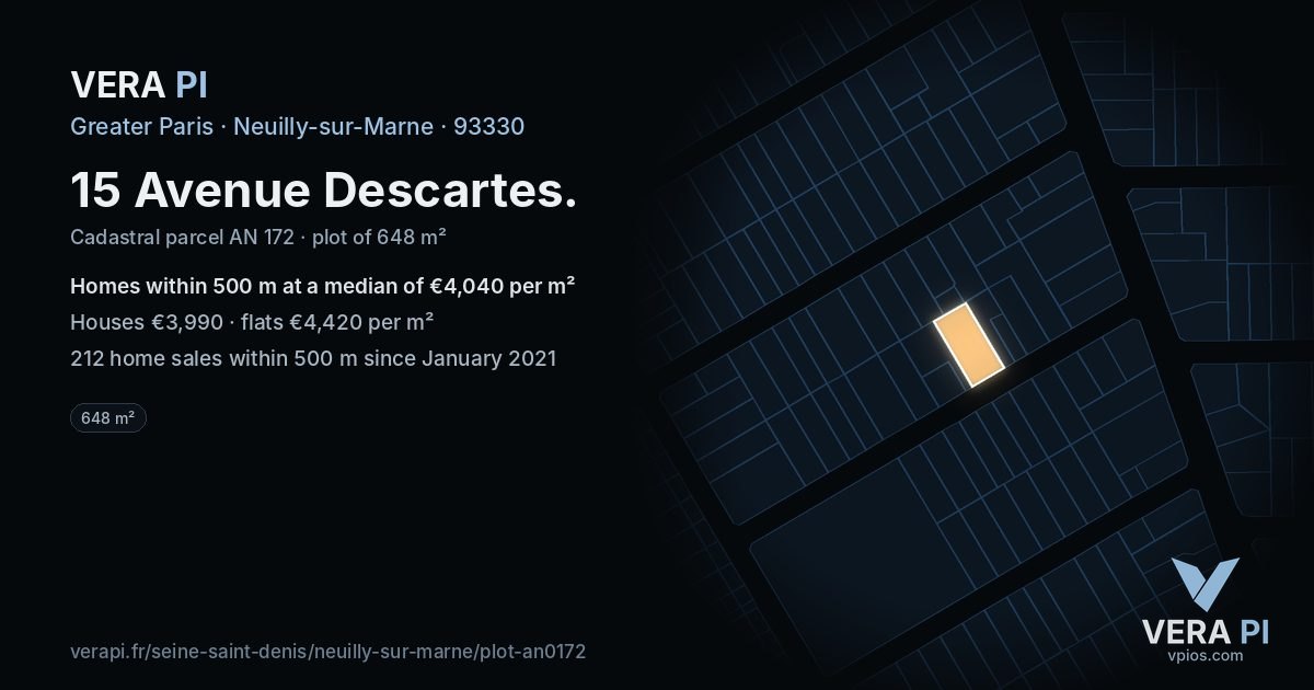 15 Avenue Descartes, Neuilly-sur-Marne at night – the plot lit, the parcels around coloured by the prices near them