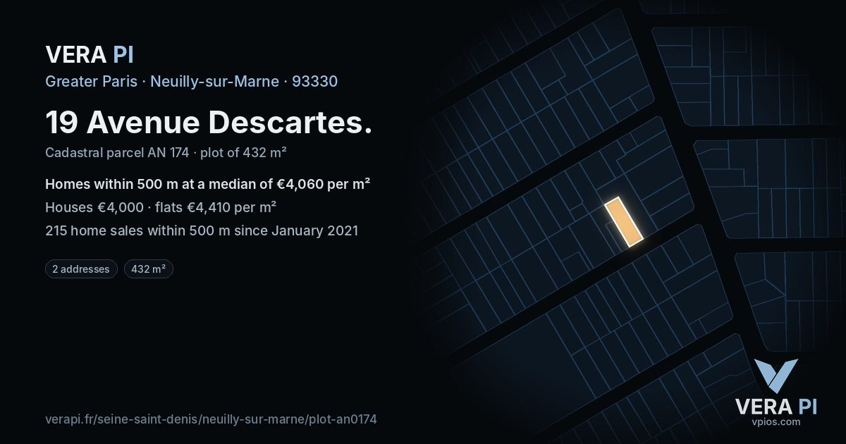 19 Avenue Descartes, Neuilly-sur-Marne at night – the plot lit, the parcels around coloured by the prices near them