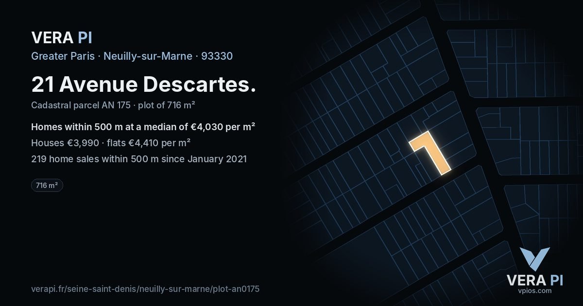 21 Avenue Descartes, Neuilly-sur-Marne at night – the plot lit, the parcels around coloured by the prices near them