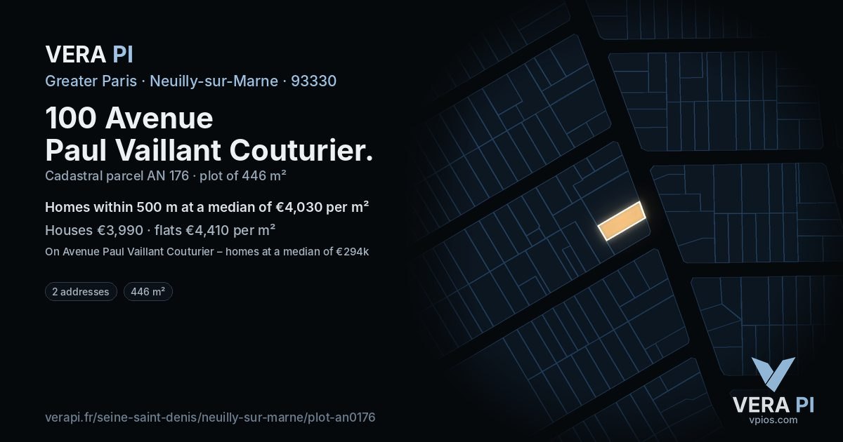 100 Avenue Paul Vaillant Couturier, Neuilly-sur-Marne at night – the plot lit, the parcels around coloured by the prices near them
