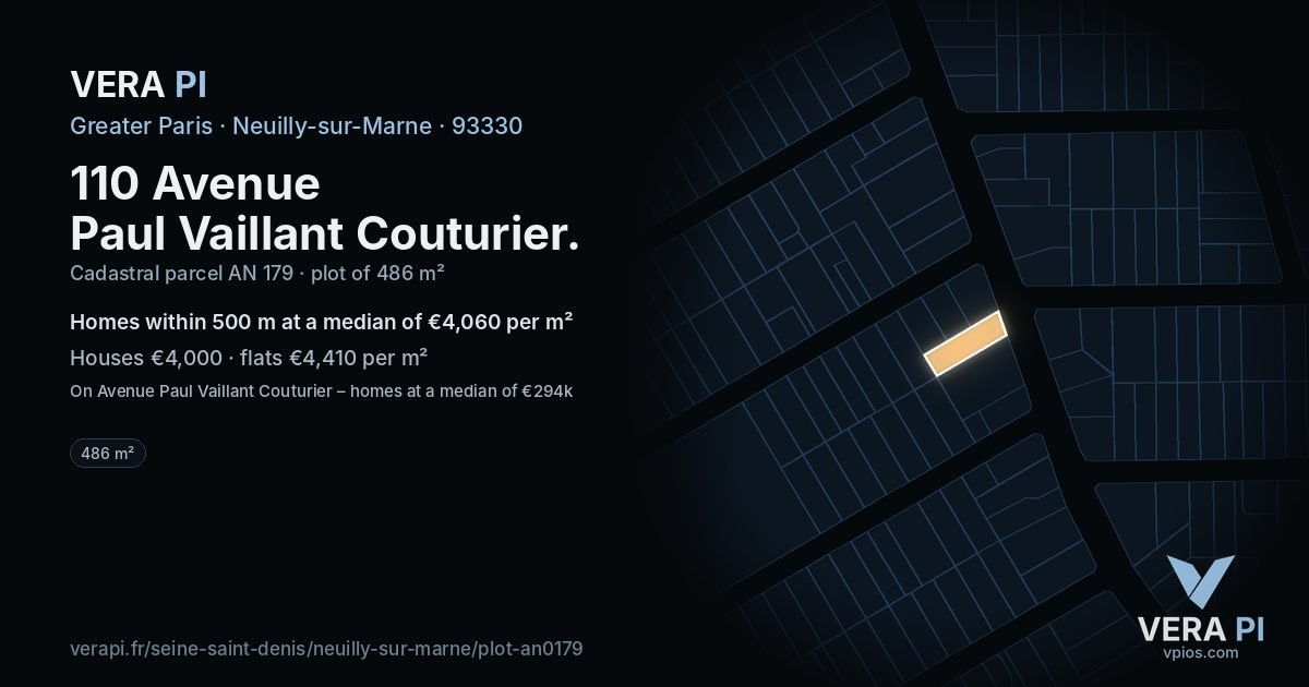 110 Avenue Paul Vaillant Couturier, Neuilly-sur-Marne at night – the plot lit, the parcels around coloured by the prices near them