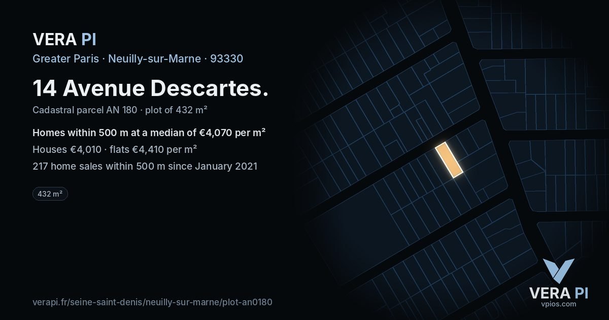 14 Avenue Descartes, Neuilly-sur-Marne at night – the plot lit, the parcels around coloured by the prices near them