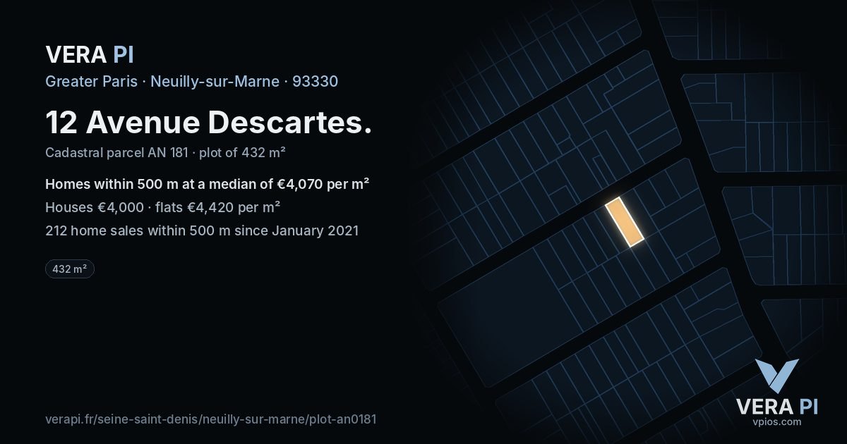 12 Avenue Descartes, Neuilly-sur-Marne at night – the plot lit, the parcels around coloured by the prices near them
