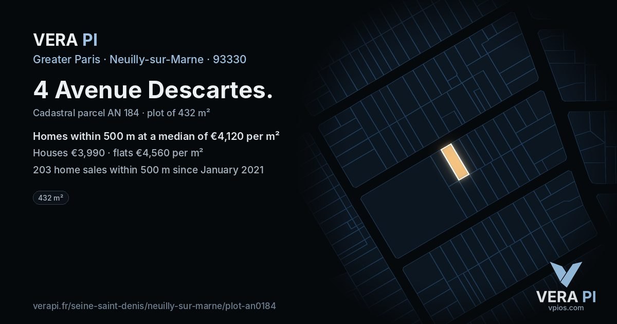4 Avenue Descartes, Neuilly-sur-Marne at night – the plot lit, the parcels around coloured by the prices near them