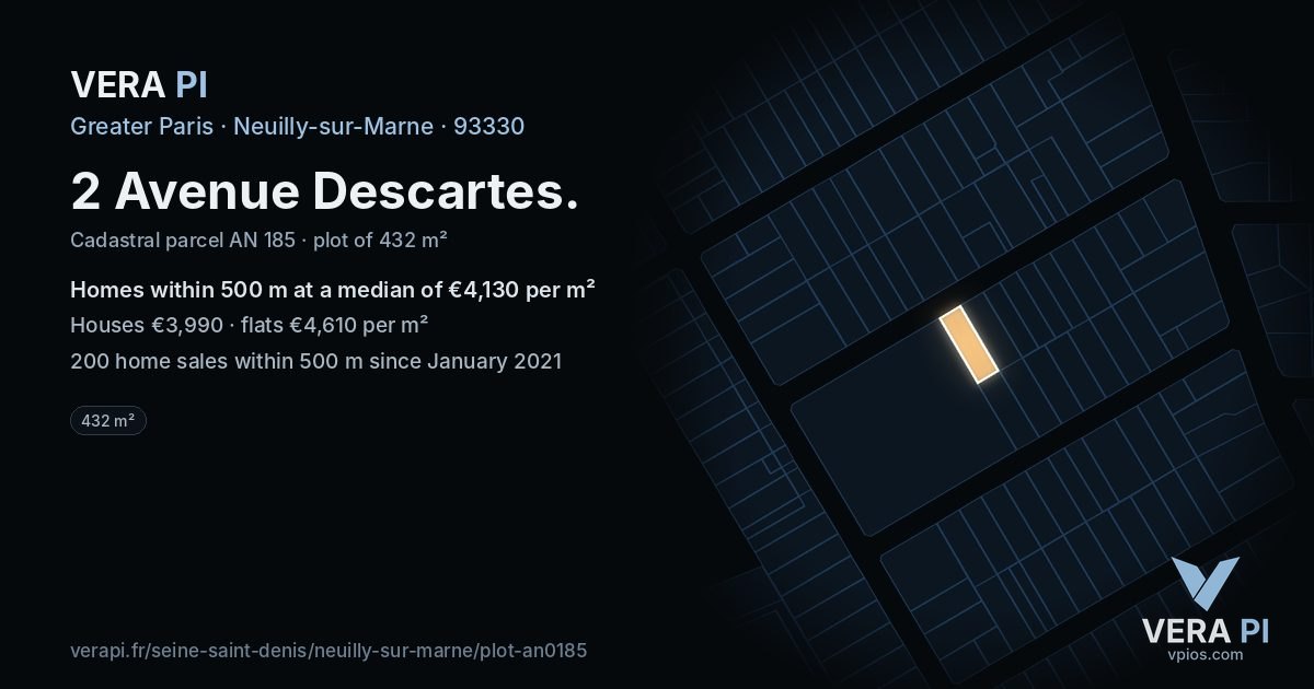 2 Avenue Descartes, Neuilly-sur-Marne at night – the plot lit, the parcels around coloured by the prices near them